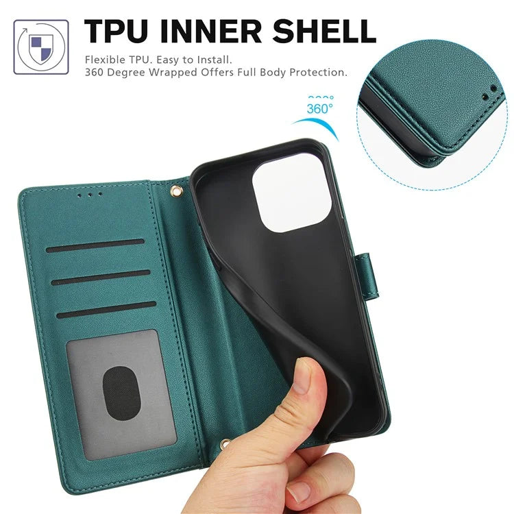 SY-003 For iPhone 16 Pro Max Case PU Leather Stand View Phone Wallet Cover with Hand Strap