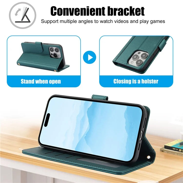 SY-003 For iPhone 16 Pro Max Case PU Leather Stand View Phone Wallet Cover with Hand Strap
