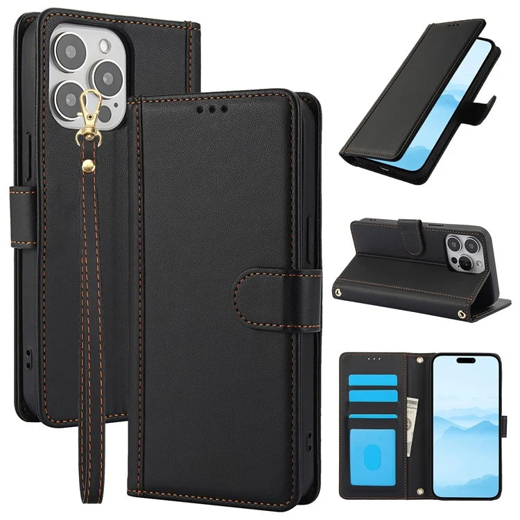 SY-003 For iPhone 16 Pro Max Case PU Leather Stand View Phone Wallet Cover with Hand Strap