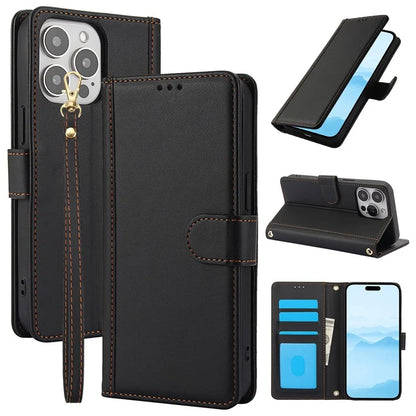 SY-003 For iPhone 16 Pro Max Case PU Leather Stand View Phone Wallet Cover with Hand Strap