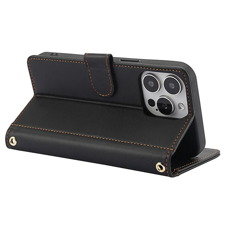 SY-003 For iPhone 16 Pro Max Case PU Leather Stand View Phone Wallet Cover with Hand Strap