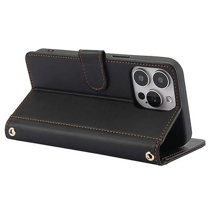 SY-003 For iPhone 16 Pro Max Case PU Leather Stand View Phone Wallet Cover with Hand Strap
