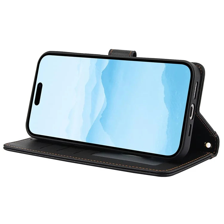 SY-003 For iPhone 16 Pro Max Case PU Leather Stand View Phone Wallet Cover with Hand Strap