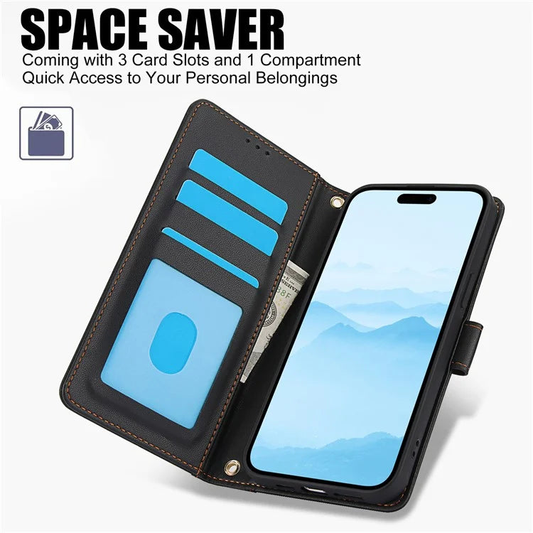 SY-003 For iPhone 16 Pro Max Case PU Leather Stand View Phone Wallet Cover with Hand Strap