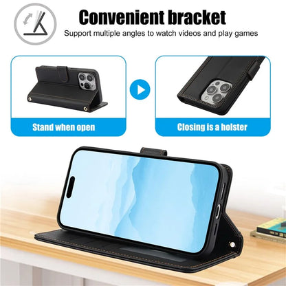 SY-003 For iPhone 16 Pro Max Case PU Leather Stand View Phone Wallet Cover with Hand Strap