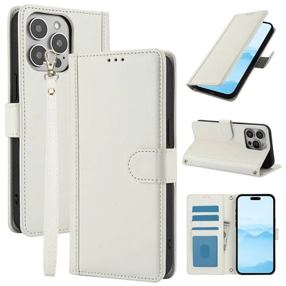 SY-003 For iPhone 16 Pro Max Case PU Leather Stand View Phone Wallet Cover with Hand Strap