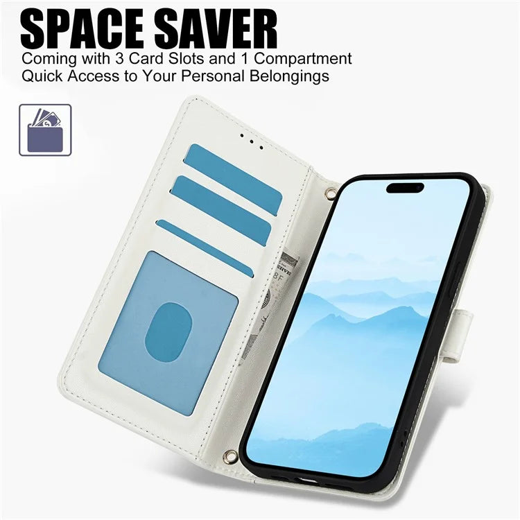 SY-003 For iPhone 16 Pro Max Case PU Leather Stand View Phone Wallet Cover with Hand Strap