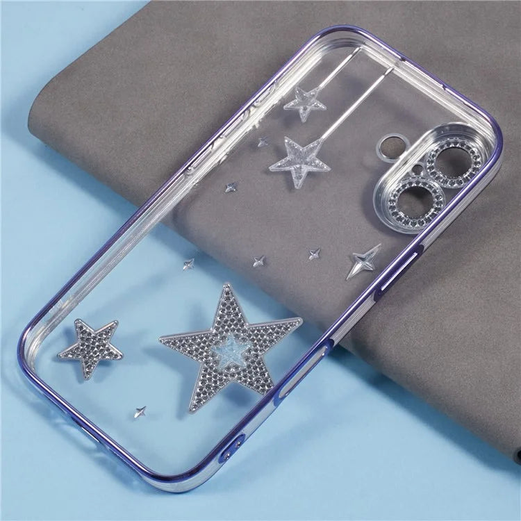 For iPhone 16 Case 3D Bling Stars Electroplating TPU Clear Phone Case