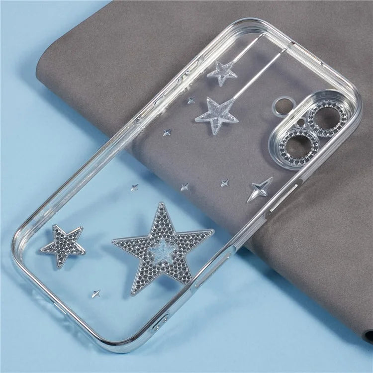 For iPhone 16 Case 3D Bling Stars Electroplating TPU Clear Phone Case