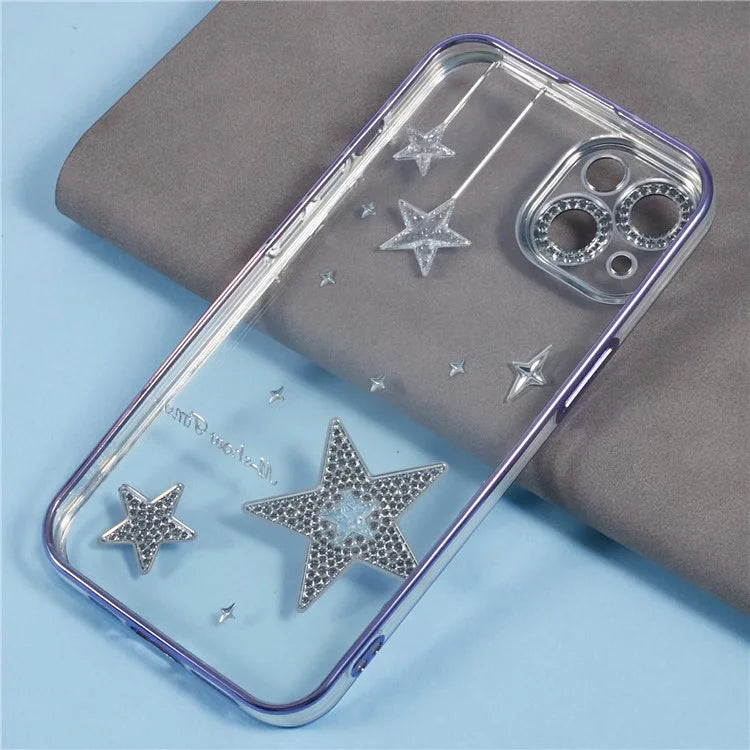 For iPhone 14 Case 3D Bling Stars Electroplating TPU Clear Phone Case