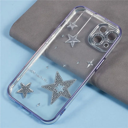 For iPhone 14 Case 3D Bling Stars Electroplating TPU Clear Phone Case