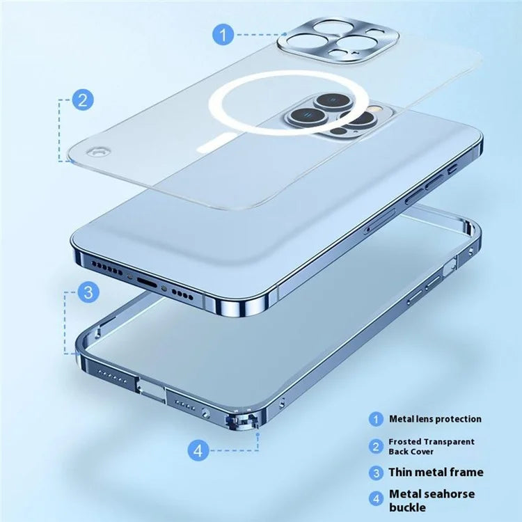 For iPhone 16 Pro Metal Clear Case Compatible with MagSafe Safety Lock Back Cover