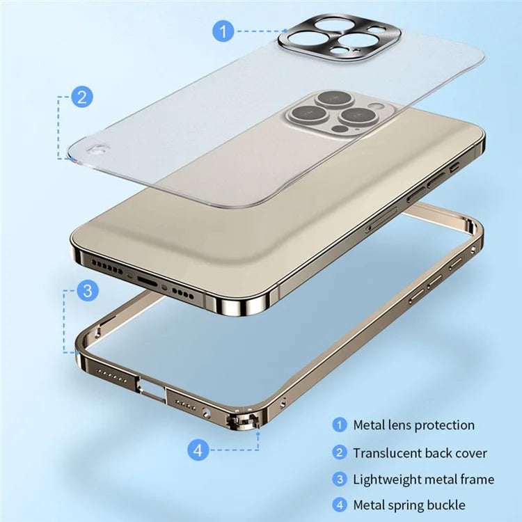 For iPhone 15 Pro Max Metal Clear Case Safety Lock Matte Anti-Fingerprint Back Cover