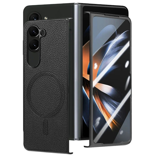 For Samsung Galaxy Z Fold5 5G Magnetic Case Leather+TPU Phone Cover with Screen Film