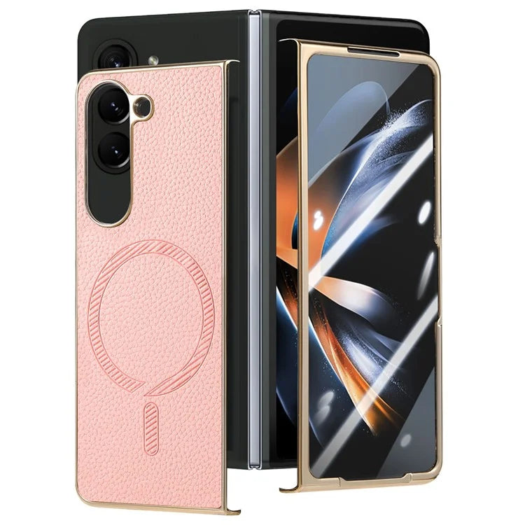 For Samsung Galaxy Z Fold5 5G Magnetic Case Leather+TPU Phone Cover with Screen Film