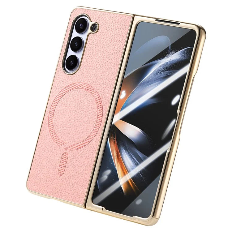 For Samsung Galaxy Z Fold5 5G Magnetic Case Leather+TPU Phone Cover with Screen Film
