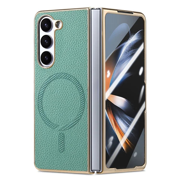 For Samsung Galaxy Z Fold5 5G Magnetic Case Leather+TPU Phone Cover with Screen Film