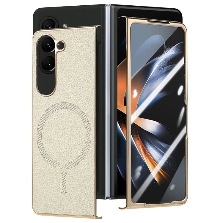 For Samsung Galaxy Z Fold5 5G Magnetic Case Leather+TPU Phone Cover with Screen Film