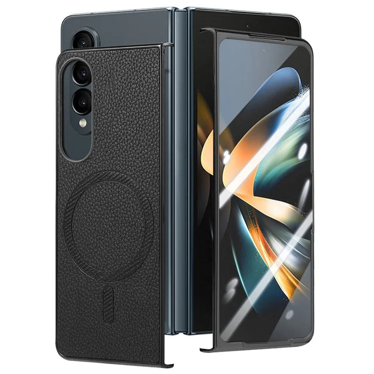 For Samsung Galaxy Z Fold4 5G Magnetic Case Leather+TPU Phone Cover with Screen Film