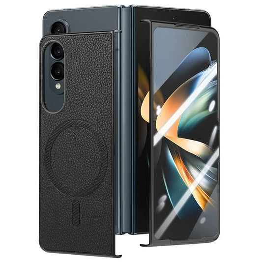 For Samsung Galaxy Z Fold4 5G Magnetic Case Leather+TPU Phone Cover with Screen Film