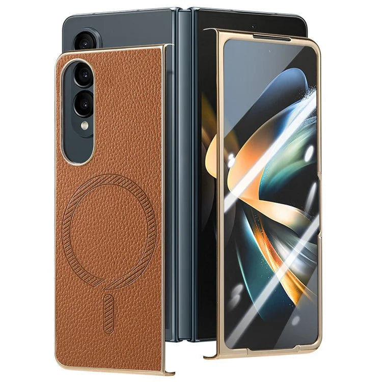For Samsung Galaxy Z Fold4 5G Magnetic Case Leather+TPU Phone Cover with Screen Film