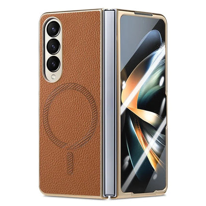 For Samsung Galaxy Z Fold4 5G Magnetic Case Leather+TPU Phone Cover with Screen Film
