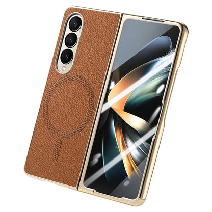 For Samsung Galaxy Z Fold4 5G Magnetic Case Leather+TPU Phone Cover with Screen Film