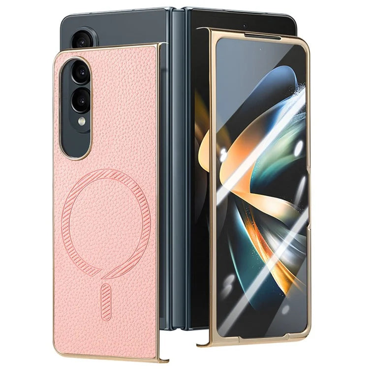 For Samsung Galaxy Z Fold4 5G Magnetic Case Leather+TPU Phone Cover with Screen Film
