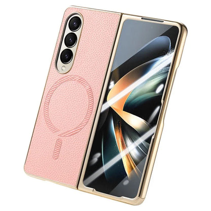 For Samsung Galaxy Z Fold4 5G Magnetic Case Leather+TPU Phone Cover with Screen Film
