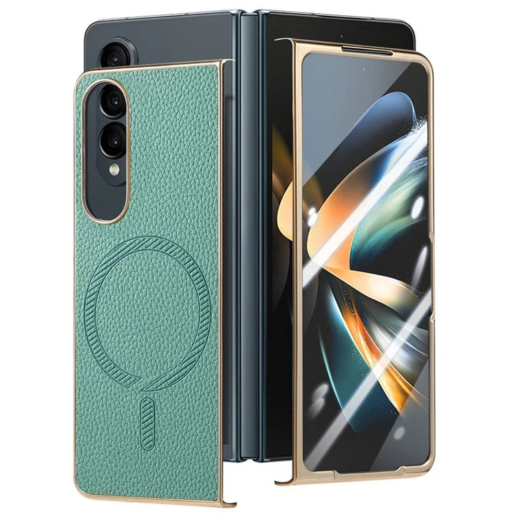 For Samsung Galaxy Z Fold4 5G Magnetic Case Leather+TPU Phone Cover with Screen Film