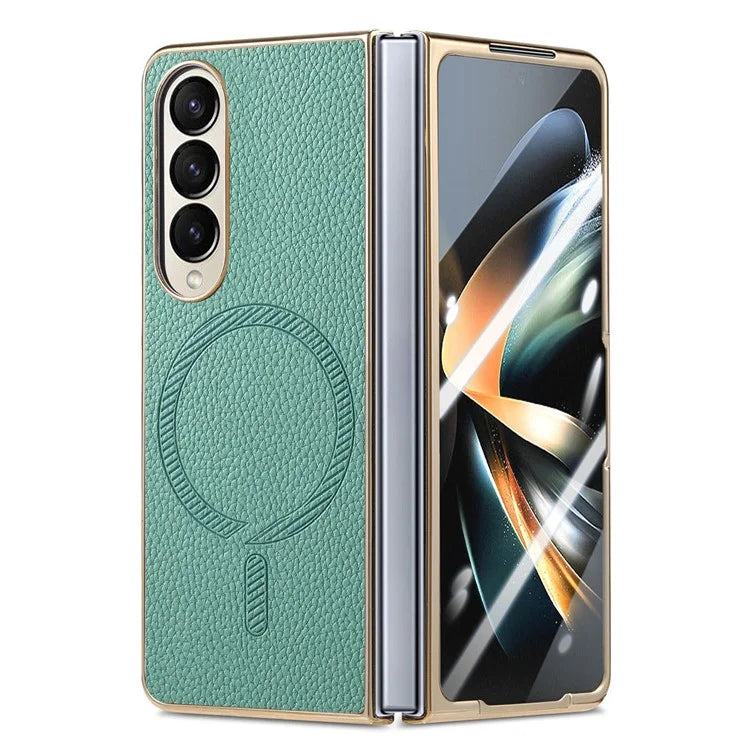 For Samsung Galaxy Z Fold4 5G Magnetic Case Leather+TPU Phone Cover with Screen Film