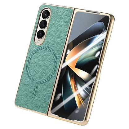 For Samsung Galaxy Z Fold4 5G Magnetic Case Leather+TPU Phone Cover with Screen Film
