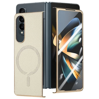 For Samsung Galaxy Z Fold4 5G Magnetic Case Leather+TPU Phone Cover with Screen Film