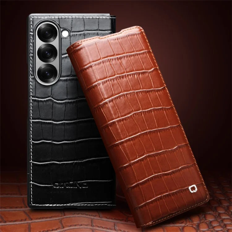 QIALINO For Samsung Galaxy Z Fold6 5G Case Crocodile Texture Genuine Cow Leather Flip Phone Cover