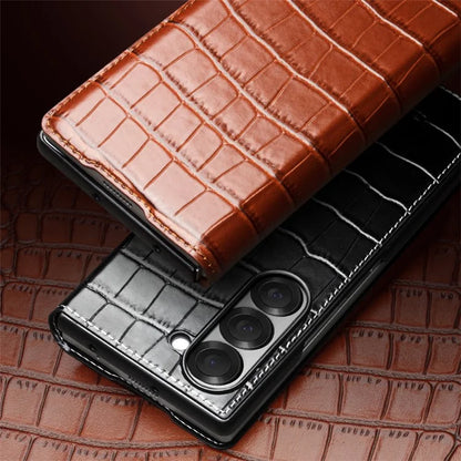 QIALINO For Samsung Galaxy Z Fold6 5G Case Crocodile Texture Genuine Cow Leather Flip Phone Cover