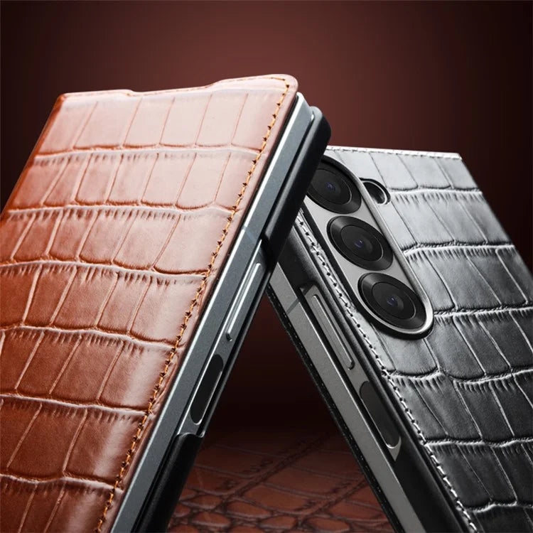 QIALINO For Samsung Galaxy Z Fold6 5G Case Crocodile Texture Genuine Cow Leather Flip Phone Cover