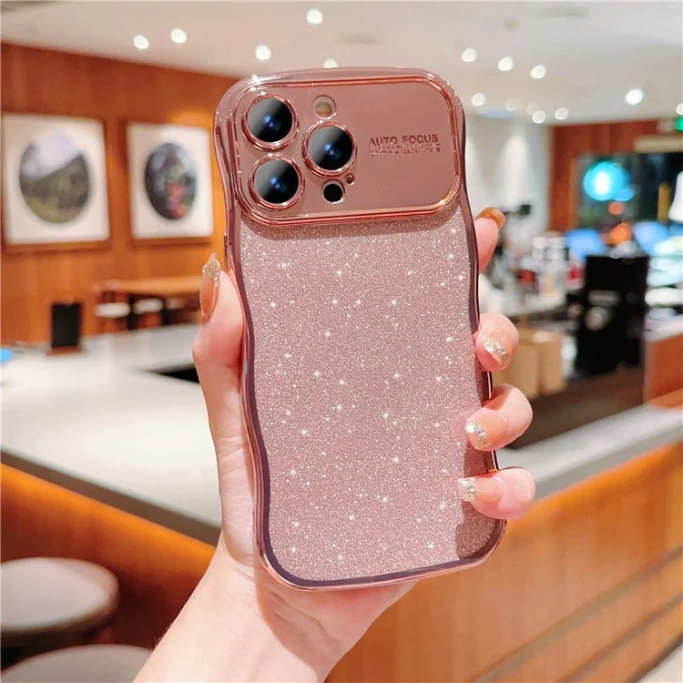 For iPhone 16 Pro Max Case Electroplating Curly Frame TPU Glitter Phone Cover Large Window