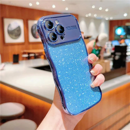 For iPhone 16 Pro Case Electroplating Curly Frame TPU Glitter Phone Cover Large Window
