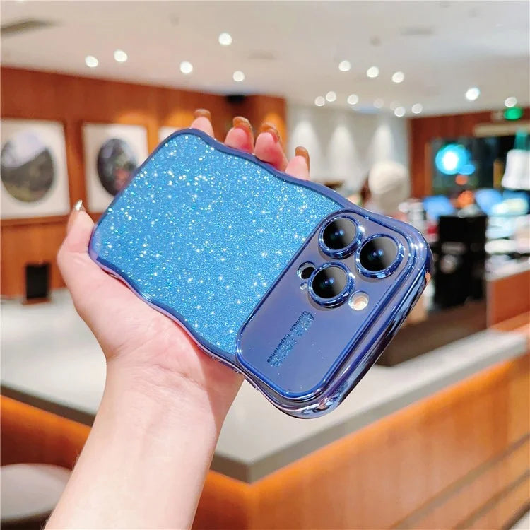 For iPhone 16 Pro Case Electroplating Curly Frame TPU Glitter Phone Cover Large Window