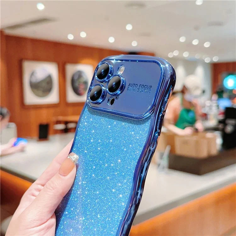 For iPhone 16 Pro Case Electroplating Curly Frame TPU Glitter Phone Cover Large Window