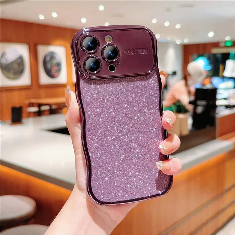 For iPhone 16 Pro Case Electroplating Curly Frame TPU Glitter Phone Cover Large Window