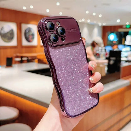 For iPhone 16 Pro Case Electroplating Curly Frame TPU Glitter Phone Cover Large Window