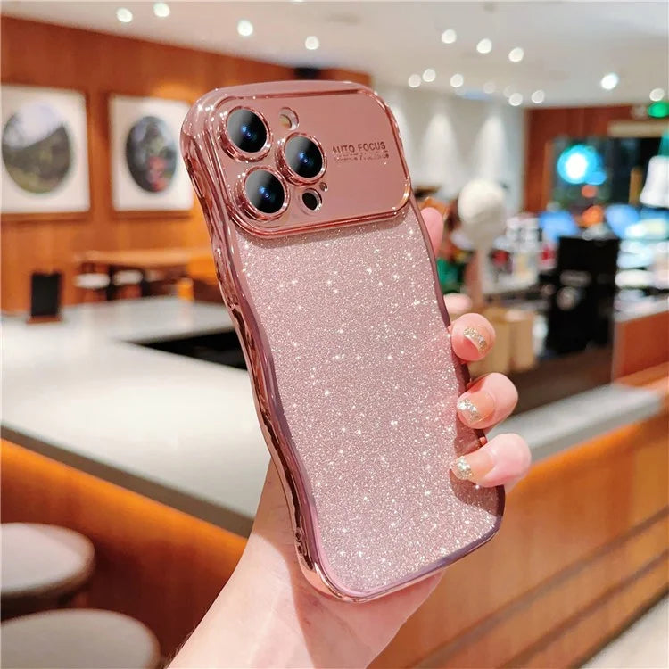 For iPhone 16 Pro Case Electroplating Curly Frame TPU Glitter Phone Cover Large Window