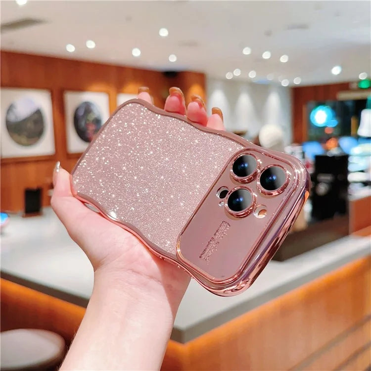 For iPhone 16 Pro Case Electroplating Curly Frame TPU Glitter Phone Cover Large Window