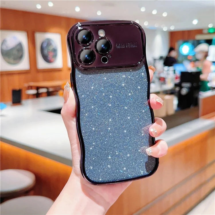 For iPhone 16 Pro Case Electroplating Curly Frame TPU Glitter Phone Cover Large Window