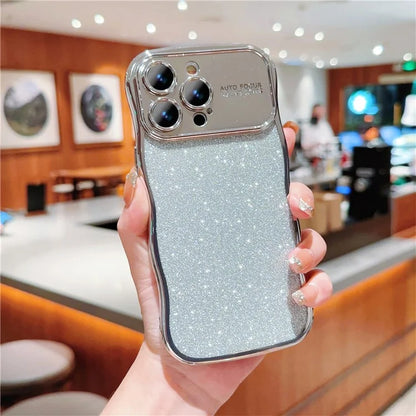 For iPhone 16 Pro Case Electroplating Curly Frame TPU Glitter Phone Cover Large Window