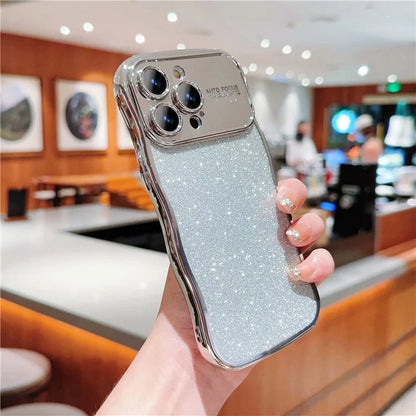 For iPhone 16 Pro Case Electroplating Curly Frame TPU Glitter Phone Cover Large Window