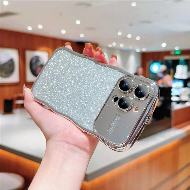For iPhone 16 Pro Case Electroplating Curly Frame TPU Glitter Phone Cover Large Window