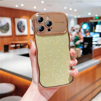 For iPhone 16 Pro Case Electroplating Curly Frame TPU Glitter Phone Cover Large Window