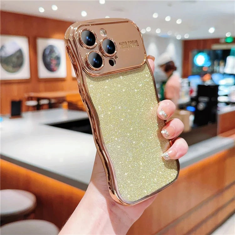 For iPhone 16 Pro Case Electroplating Curly Frame TPU Glitter Phone Cover Large Window